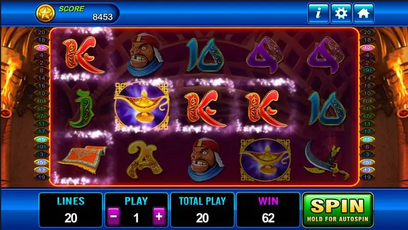 Aladdin reels mid-win with sparkling K, lamp and 10 symbols, 20 lines, win 62