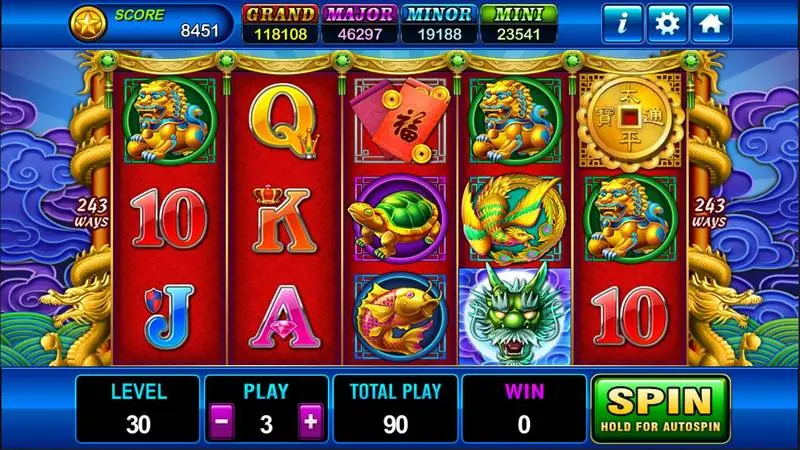 Gulungan merah Dragons Legend dengan singa foo, kura-kura, ikan mas, burung phoenix dan naga hijau, 243 ways, level 30