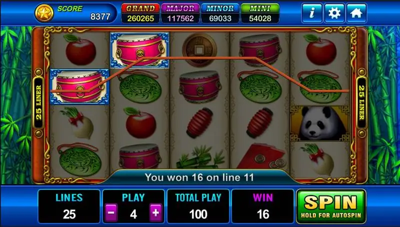 Tiga gendang di line 11 dari gulungan satu sampai tiga, 'You won 16 on line 11'