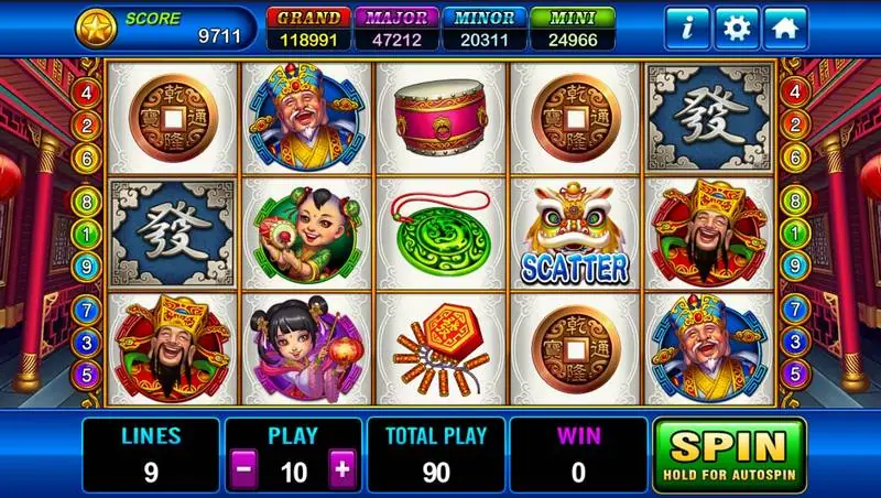 Gulungan God of Wealth 2 di atas ubin putih dengan Caishen, anak pembawa rezeki, scatter kepala barongsai dan simbol Fa biru, bar jackpot di atasnya