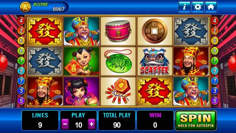 Gulungan God of Wealth dengan Caishen, anak-anak pembawa rezeki, kotak Fa merah dan biru, dan scatter kepala barongsai, 9 line