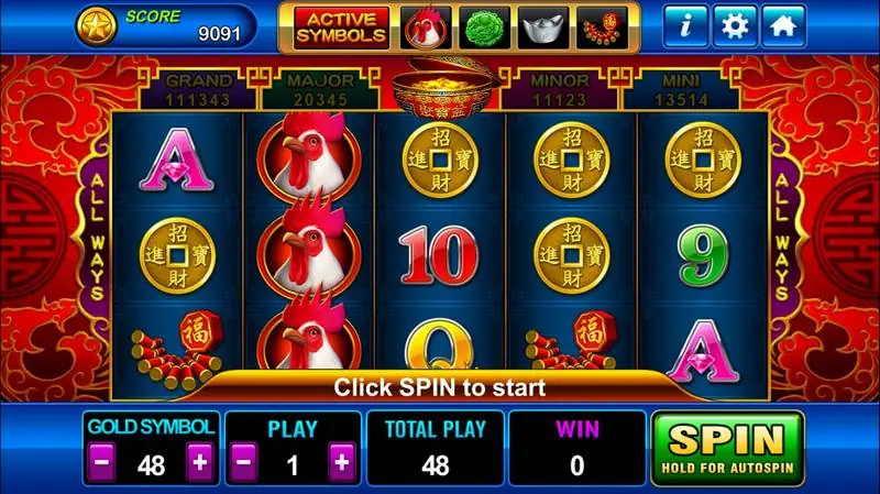 Gulungan Golden Rooster dengan ayam jago bertumpuk di gulungan dua, koin emas dan petasan, kotak jackpot di atas