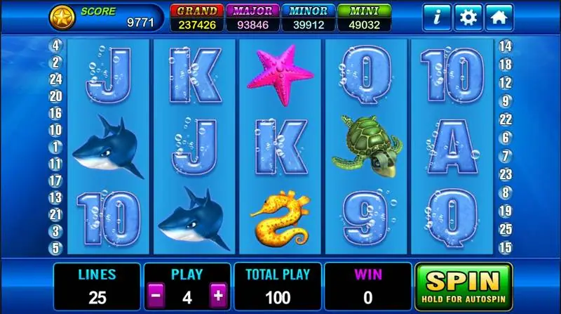 Grand Blue reels with bubbly card letters, sharks, a turtle, starfish and seahorse on a blue background, 25 lines