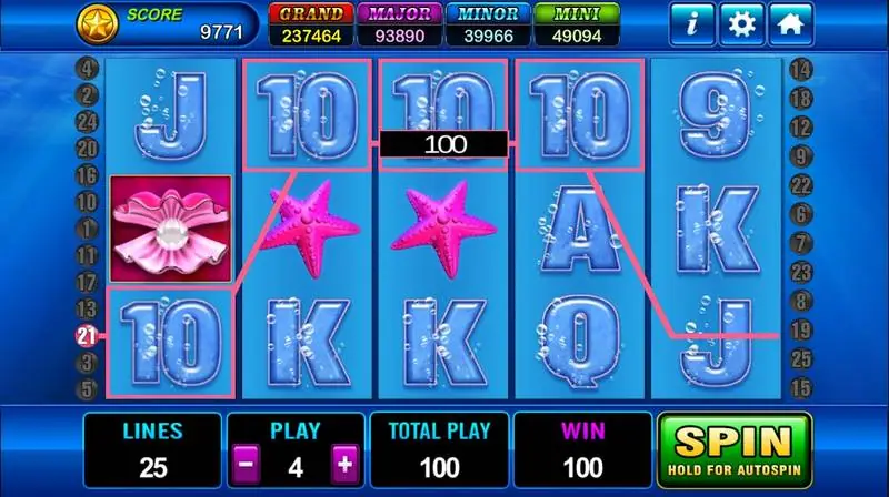 Four 10 symbols connected on line 21 across reels one to four, clam scatter on reel one, win 100