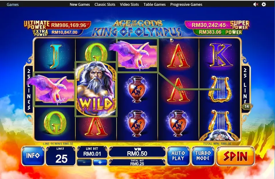 Age of the Gods King of Olympus di Rollex11 dengan wild Zeus di gulungan 2, kemenangan line 14 sebesar RM0.50, dan empat kotak jackpot di atas