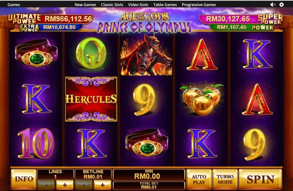 Gulungan Prince of Olympus di Rollex11 dengan simbol logo Hercules, anjing berkepala tiga, apel emas, dan sabuk bertatah, dengan empat kotak jackpot di atas