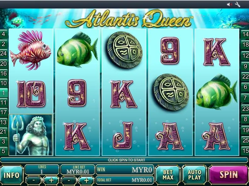 Gulungan Atlantis Queen di Rollex11 dengan cakram batu, ikan hijau, dan dewa laut di satu line