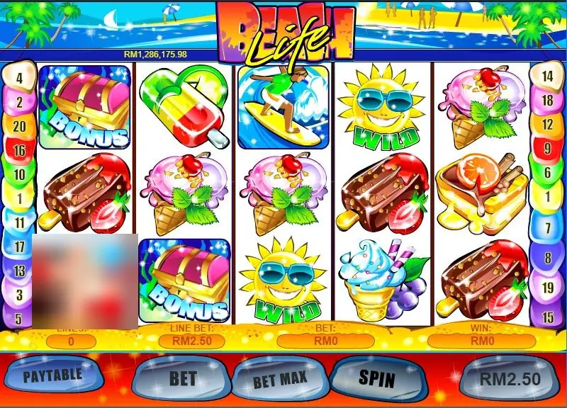 Gulungan Beach Life di Rollex11 dengan wild matahari, peti harta bonus, es krim, dan es loli, penghitung jackpot RM di bawah logo