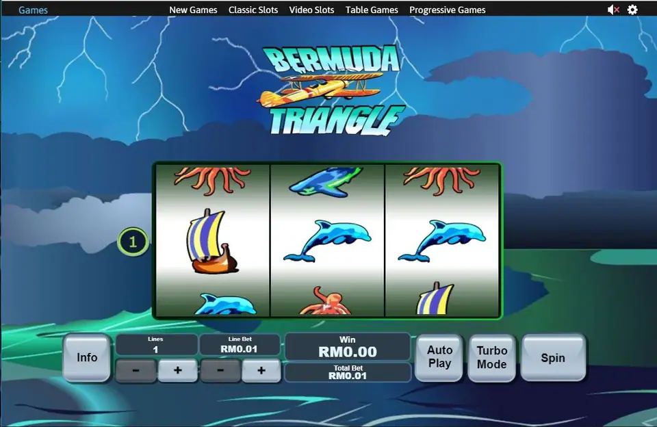 Bermuda Triangle three-reel slot on Rollex11 with a galleon and two dolphins on the payline under a stormy sky