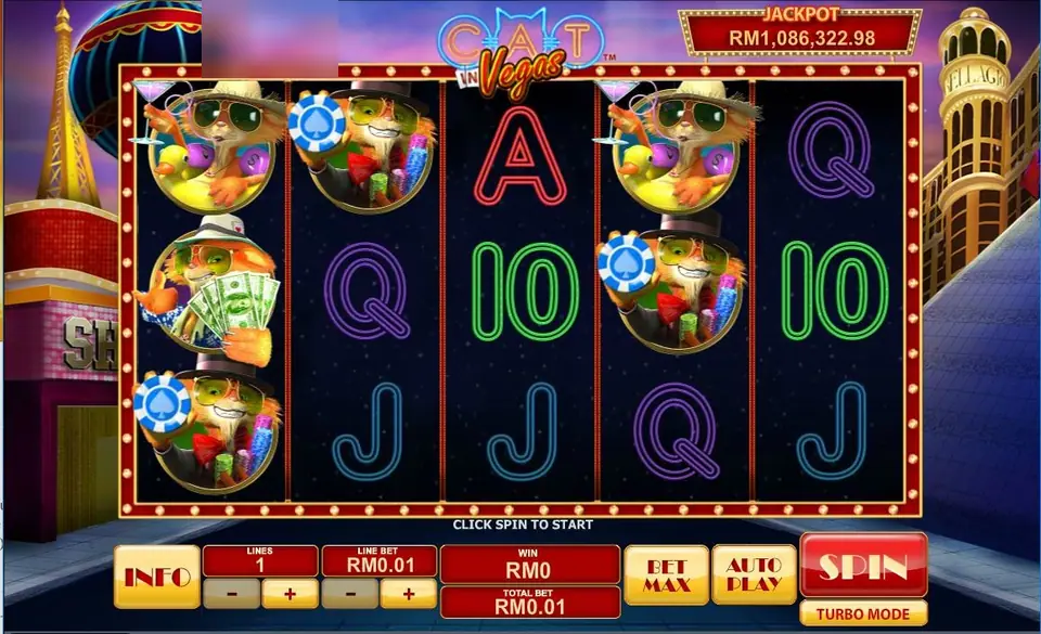Reel Cat in Vegas di Rollex11 dengan simbol kucing bertumpuk di reel 1, 2, dan 4, huruf kartu neon, dan kotak jackpot RM di atasnya