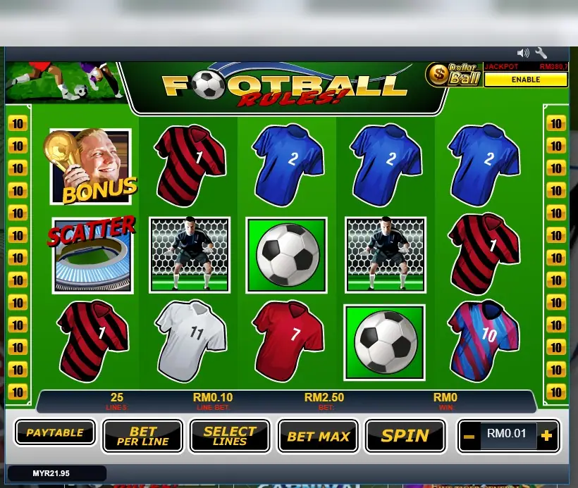Reel Football Rules di Rollex11 dengan jersey merah, biru, putih, dan bergaris, kiper, bola, simbol Bonus trofi, dan Scatter stadion