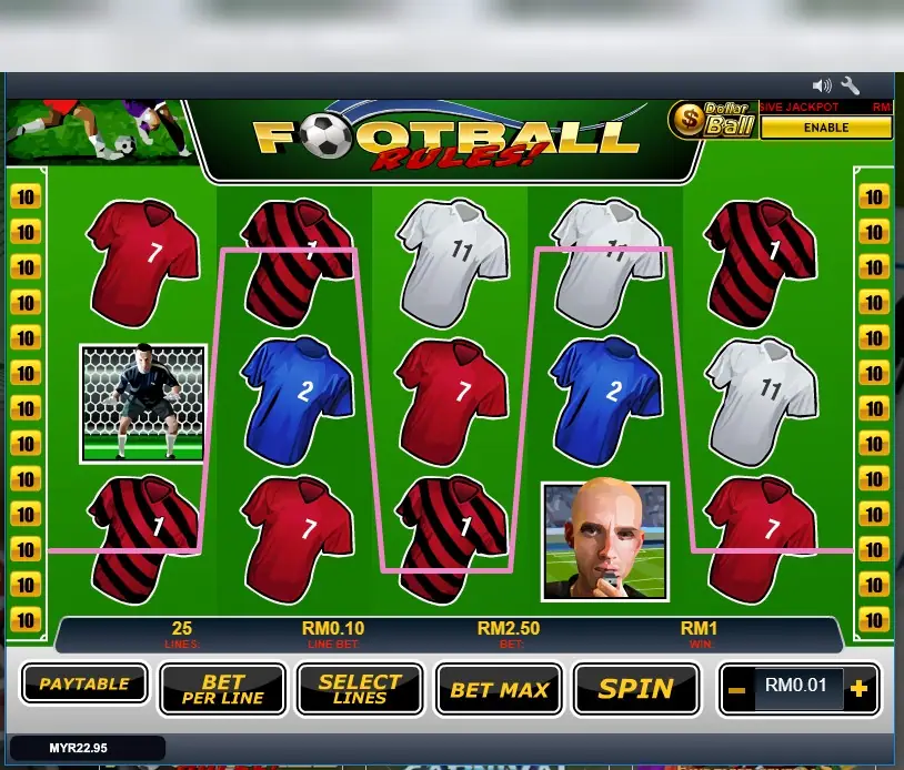 Football Rules di Rollex11 dengan line menang melewati kaus bergaris dan putih, 25 line dengan RM2.50