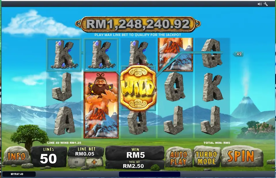Gulungan Jackpot Giant di Rollex11 dengan wild di gulungan 3, raksasa di gulungan 2, line 49 yang menang, dan kotak jackpot RM di atas
