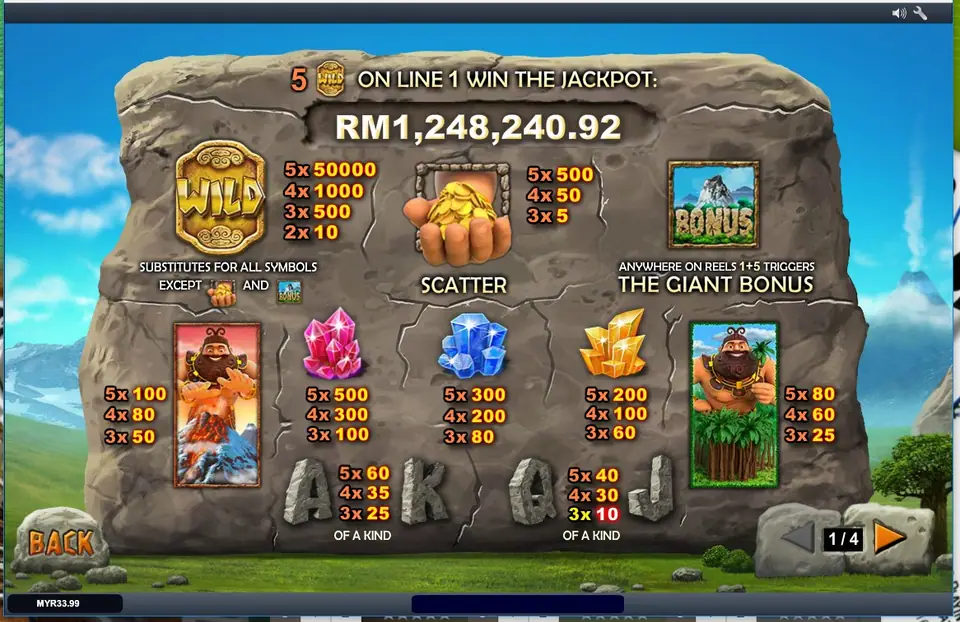 Paytable Jackpot Giant halaman 1 di Rollex11 yang mendaftar bayaran wild, scatter, bonus, dan kristal