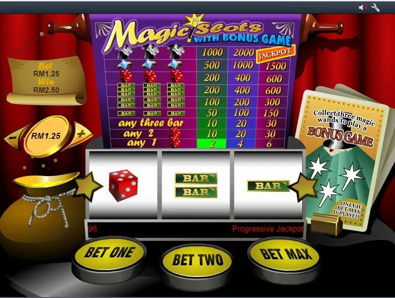 Magic Slots with Bonus Game di Rollex11 dengan simbol dadu dan bar di tiga gulungan, tabel pembayaran di atas, dan tombol Bet One, Bet Two, Bet Max