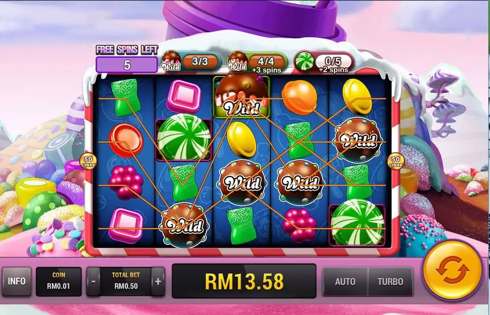 Free spin Sugar Land di Rollex11 dengan sisa lima putaran, beberapa wild kue cokelat di gulungan, dan RM13.58 di kotak kemenangan