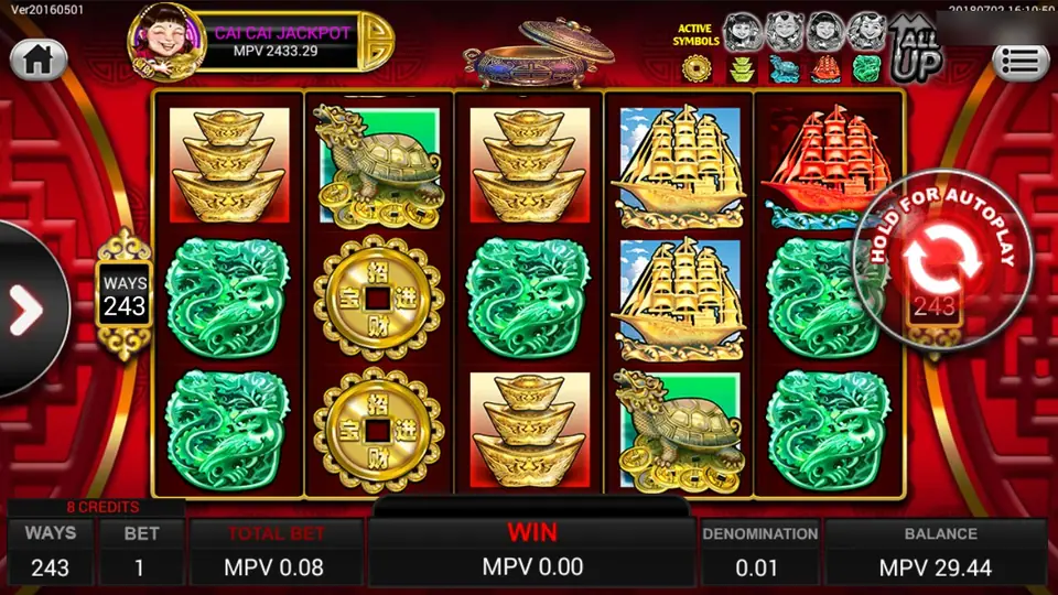 Reel 168 Yi Lu 88 di SKY777 dengan batangan emas, naga giok, kura-kura, dan kapal layar, 243 ways, dan taruhan 8 kredit