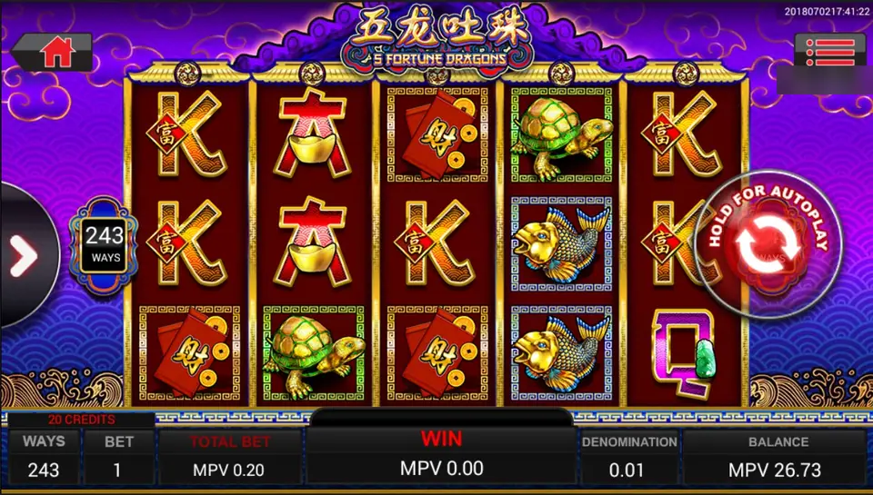 Reel 5 Fortune Dragons di SKY777 dengan simbol K dan Q, angpao merah, kura-kura, dan koi emas, 243 ways, dan taruhan 20 kredit