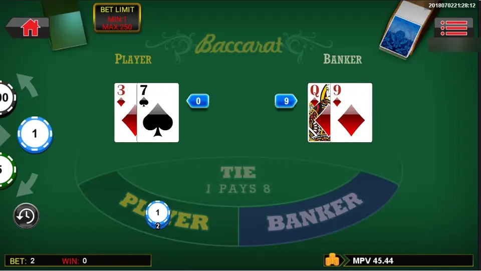 Meja 9 Baccarat di SKY777 dengan Player memegang 3 dan 7 bernilai 0 dan Banker memegang Q dan 9 bernilai 9, satu chip di Player