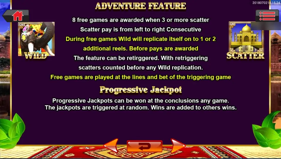 Adventure Feature and Progressive Jackpot rules screen