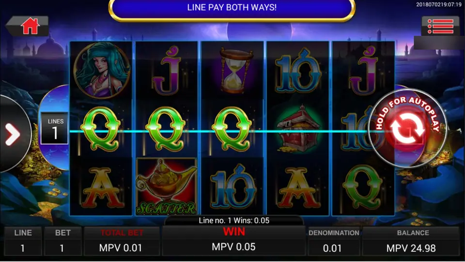 Ali Baba di SKY777 dengan tiga simbol Q di line 1, banner Line Pay Both Ways, dan scatter lampu di reel 2