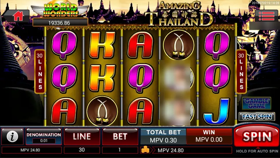 Reel Amazing Thailand di SKY777 dengan simbol kartu dan gading, meteran jackpot World Wonders, dan 30 line terpilih