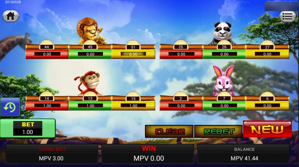 Papan Animal Paradise dengan odds di atas tiap kotak dan taruhan 1.00 di setiap warna monyet