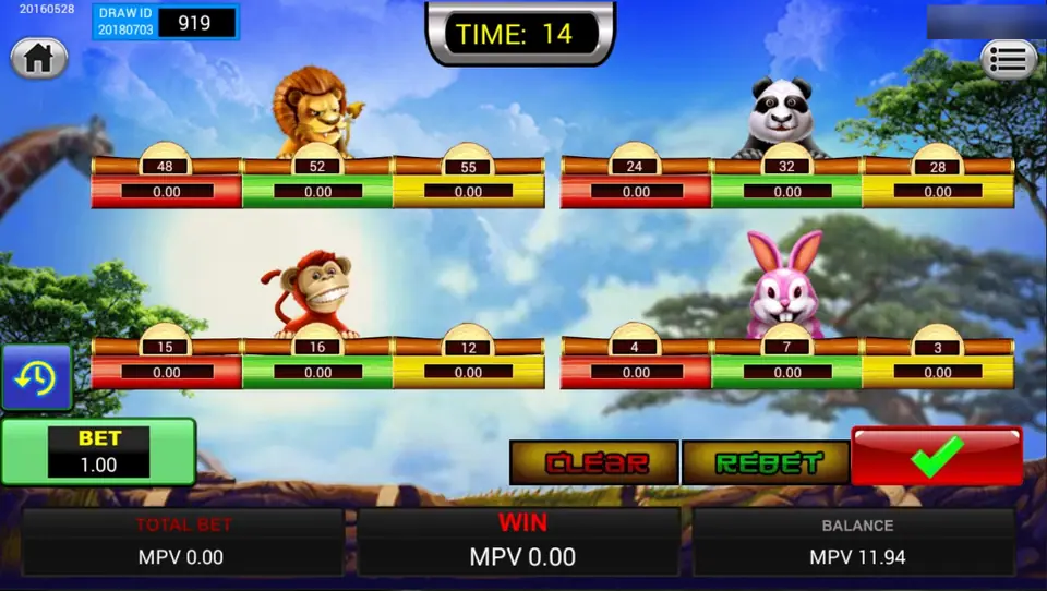 Animal Paradise Mul di SKY777 dengan Draw ID 919, timer 14 detik, dan odds di atas kotak taruhan singa, panda, monyet, dan kelinci