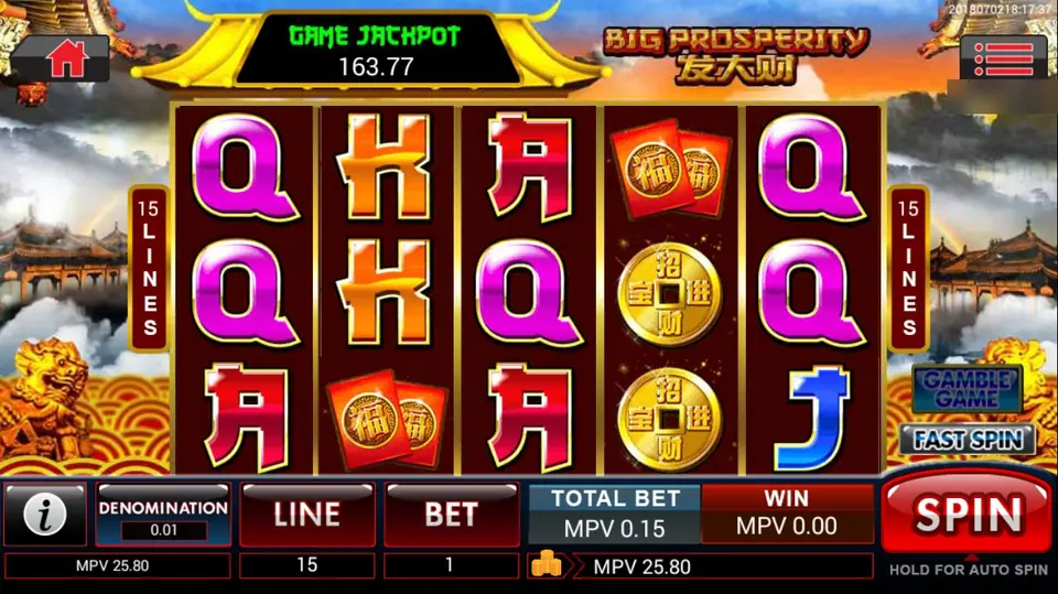 Reel Big Prosperity di SKY777 dengan simbol Q, K, dan 9, angpao merah dan koin emas, meteran Game Jackpot, dan 15 line