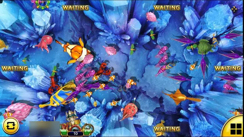 Meja Fish Hunter Monster Awaken dengan ikan singa, lobster, dan ikan buntal berenang melewati meriam pemain, serta label Waiting di kursi kosong