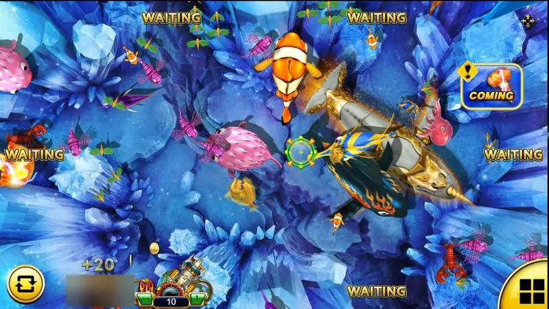 Meja Fish Hunter Monster Awaken di atas gua kristal biru dengan ikan badut, ikan buntal, lobster, dan paus berzirah besar, tanda bidik, serta peringatan Coming di sisi kanan