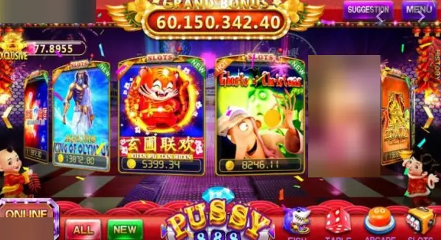 Pussy888 lobby with a Grand Bonus counter at the top, a carousel of slot tiles including King of Olympus, a tiger-themed Xuan Pu Lian Huan and Ghosts of Christmas, and category buttons along the bottom
