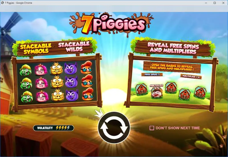 Layar pembuka 7 Piggies yang menampilkan Stackable Symbols, Stackable Wilds dan lumbung yang dibuka untuk free spin dan pengali