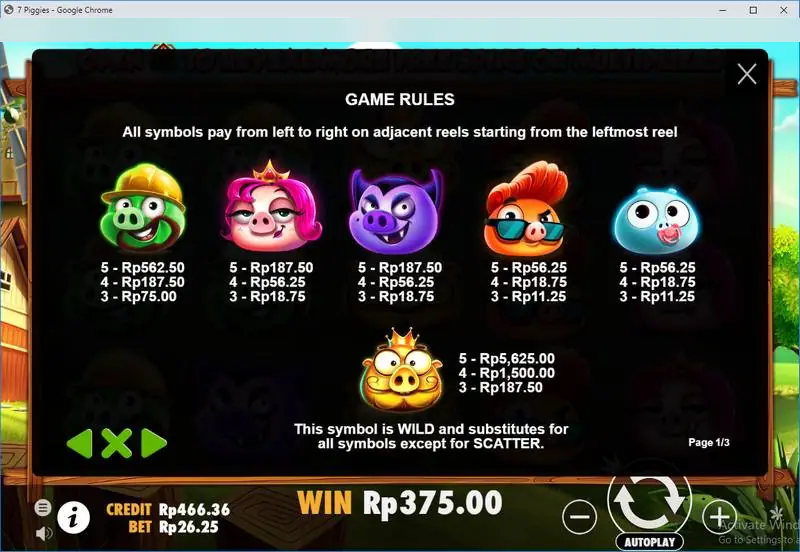 Halaman aturan game dengan nilai bayaran tiap babi pada taruhan Rp26.25 dan babi raja emas ditandai sebagai wild
