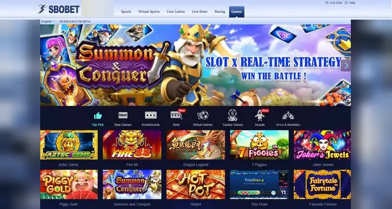 SBOBET Games lobby with a Summon and Conquer banner, category icons and tiles for Aztec Gems, Fire 88, Dragon Legend, 7 Piggies and Joker's Jewels