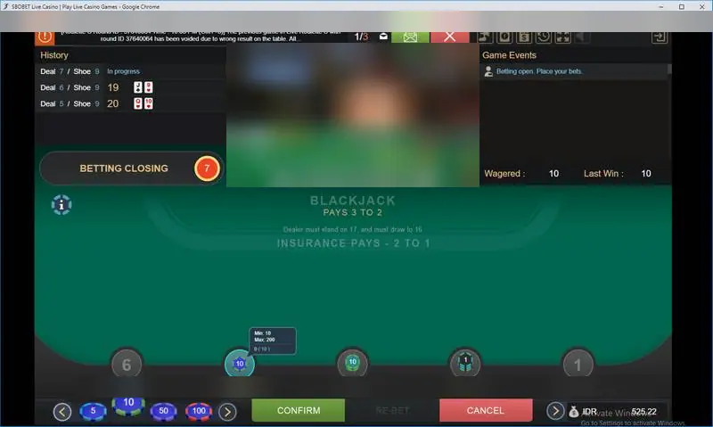 Meja blackjack saat taruhan hampir ditutup, dengan status Betting Closing dan hitung mundur 7, serta keterangan kursi Min 10 dan Max 200