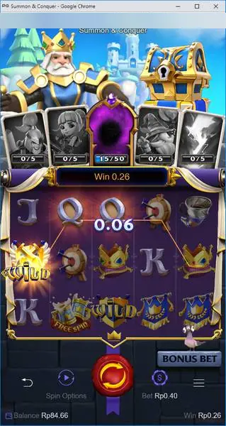 Gulungan Summon and Conquer dengan dua simbol Wild dan line menang 0.06 dengan total kemenangan 0.26
