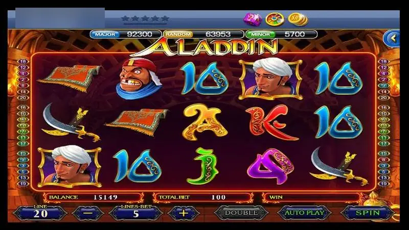 Aladdin slot on XE88 with scimitars, flying carpets, a genie lamp and card symbols on 5 reels, 20 lines set and a bet of 5 per line