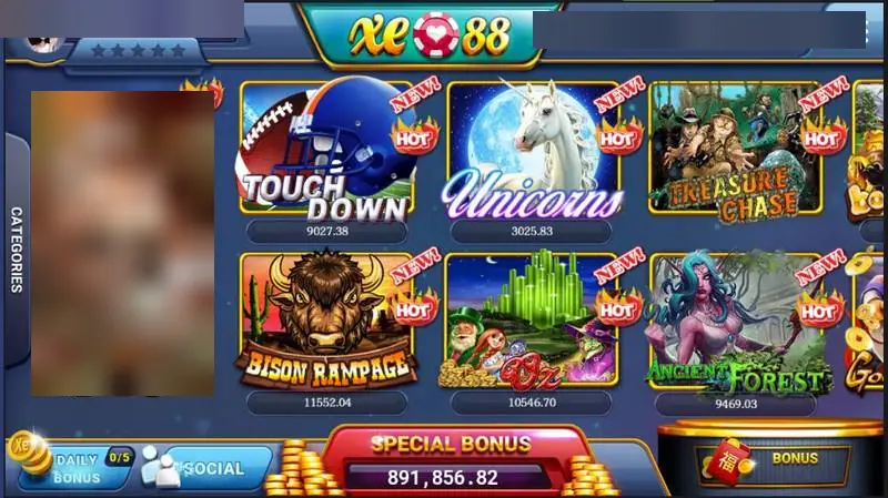 XE88 lobby with game tiles for Touch Down, Unicorns, Treasure Chase, Bison Rampage, Oz and Ancient Forest, a Special Bonus counter at the bottom and Daily Bonus and Social buttons