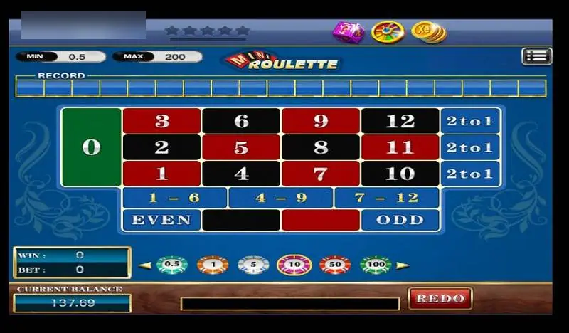 XE88 Mini Roulette board with numbers 0 to 12, 2 to 1 columns and a chip row